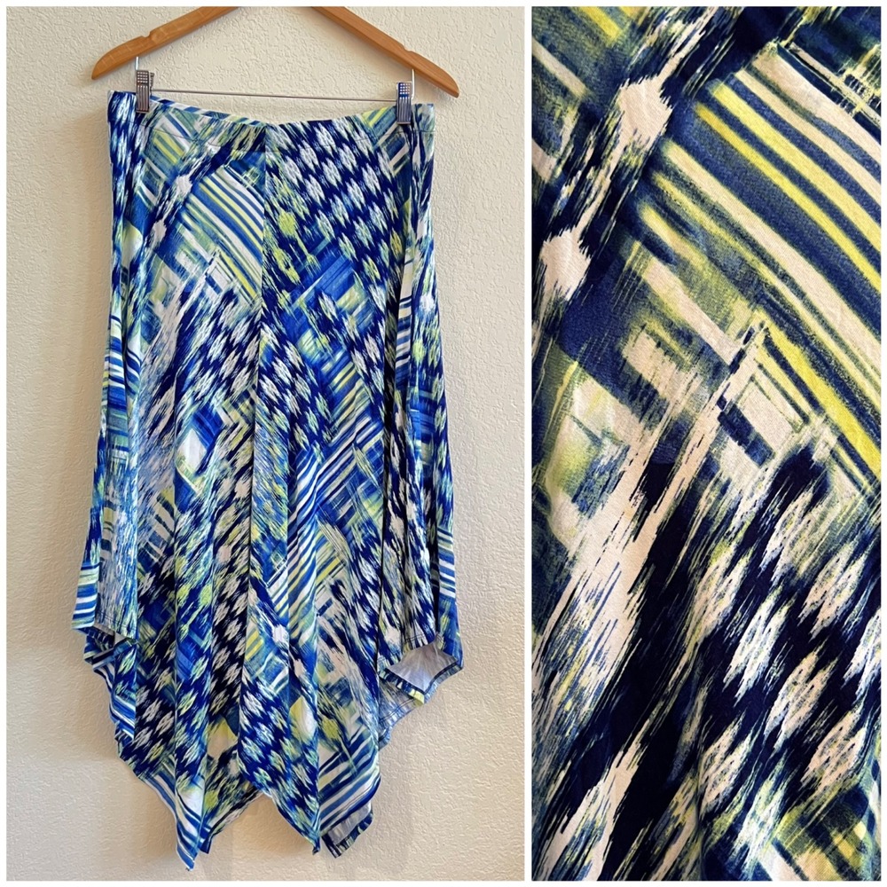 Chicos Elastic Waist Green Blue Handkerchief Hem Stretch Knit Midi Skirt‎ Size 2